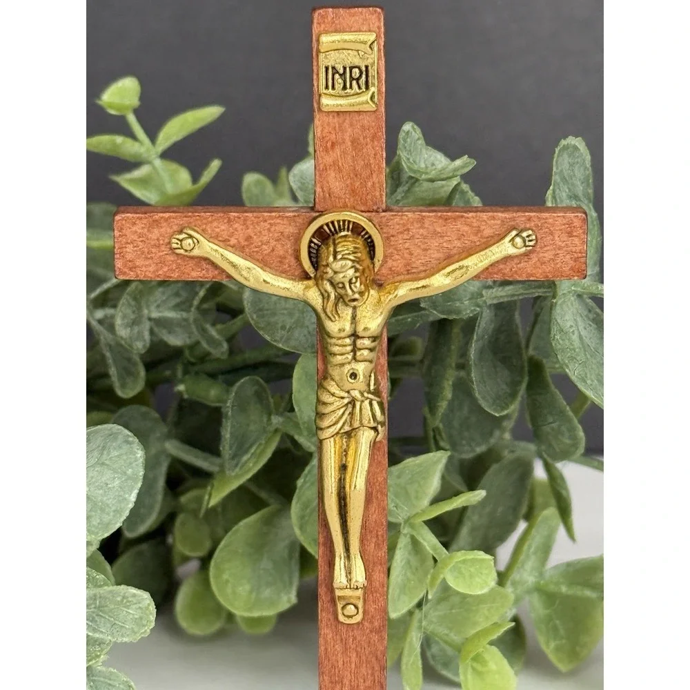 Wooden Crucifix Brass Jesus INRI 4